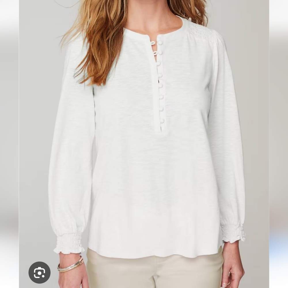 NWT J. Jill White Smocked Long Sleeve Henley Slub Knit Top XLP Half Button Front